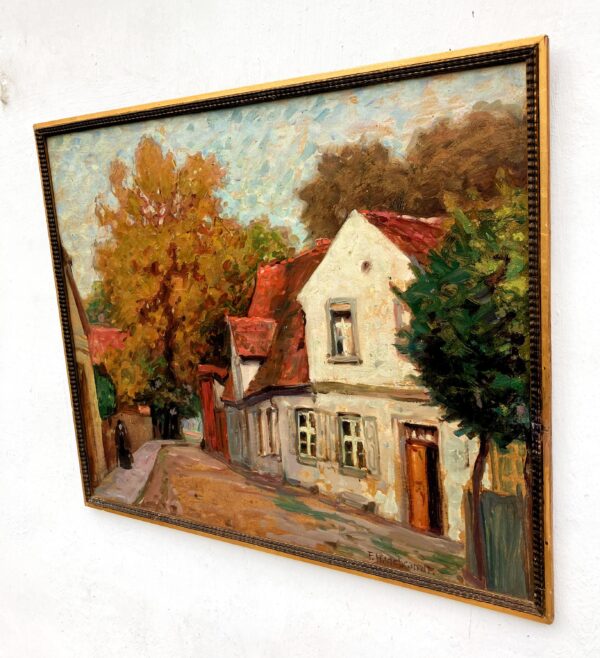 Original German oil painting, town street scene, ca 1940, vintage wall art