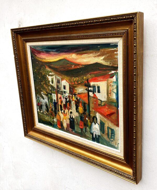 Original Swedish Oil Painting – Greek Village Scene with people – Harald Grovens