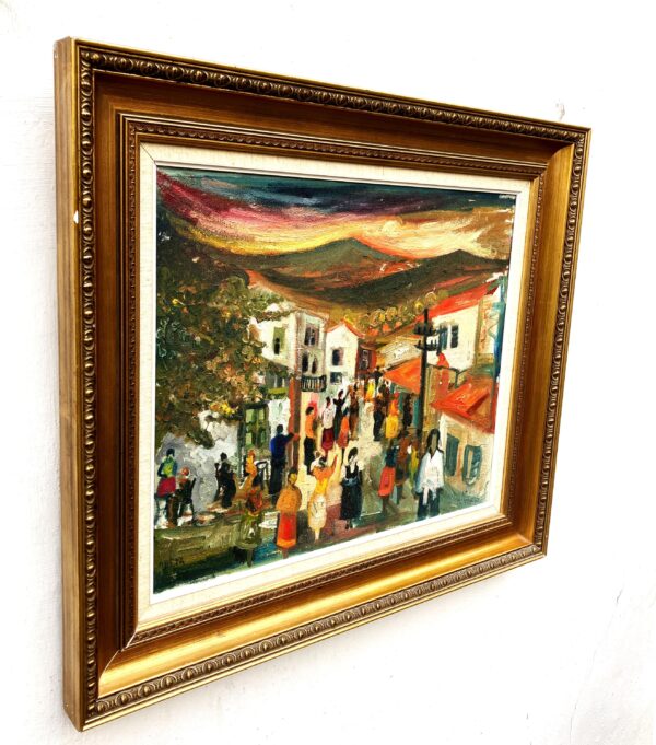 Original Swedish Oil Painting – Greek Village Scene with people – Harald Grovens