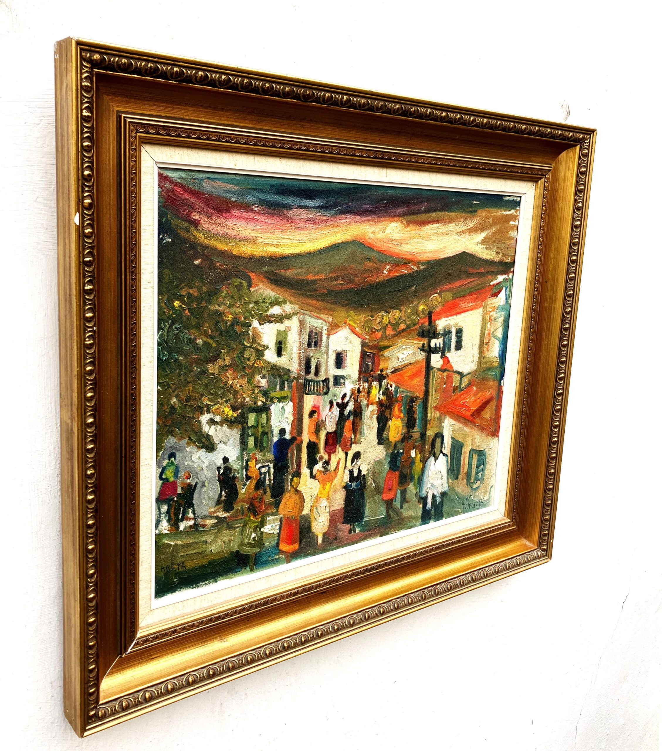 Original Swedish Oil Painting – Greek Village Scene with people – Harald Grovens - Image 3