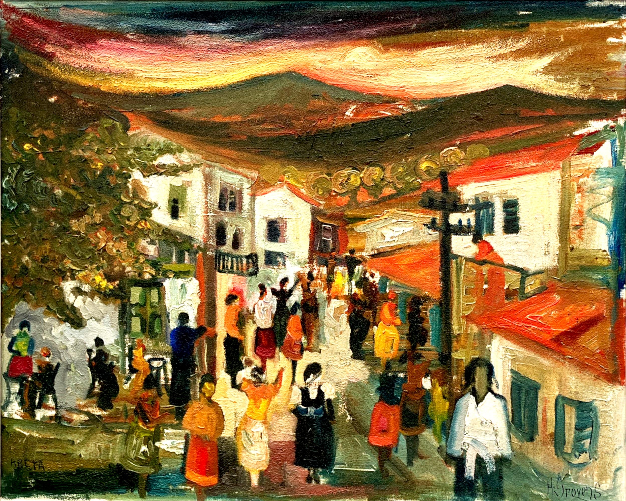 Original Swedish Oil Painting – Greek Village Scene with people – Harald Grovens - Image 5