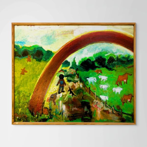 Original Danish oil painting, naive landscape, folk art style, wall art