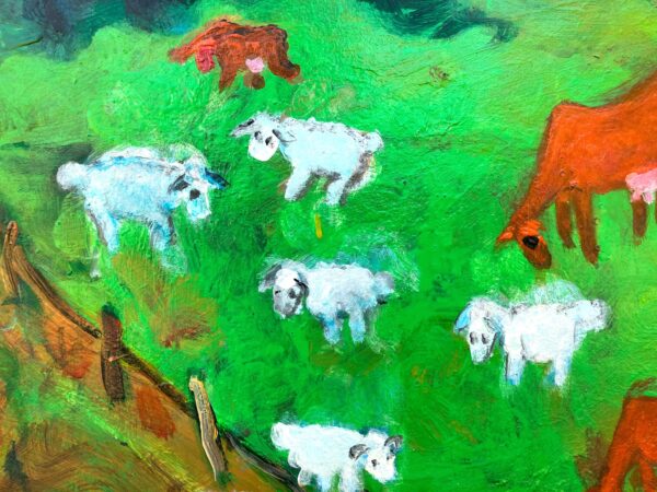 Original Danish oil painting, naive landscape, folk art style, wall art
