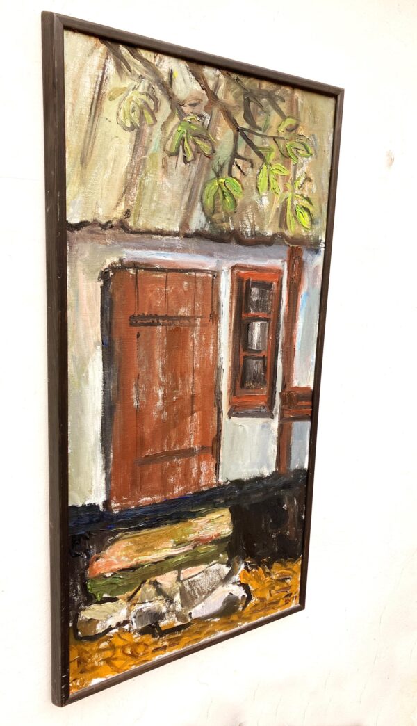 Large Oil Painting by Ulla Borgström, Scandinavian Cottage Facade, Rustic Decor