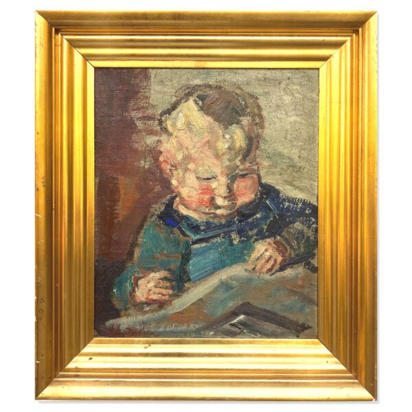 Smaller Vintage Danish Portrait – Child Study, Post-Impressionist Oil on Board, Ludvig Jacobsen, Midcentury