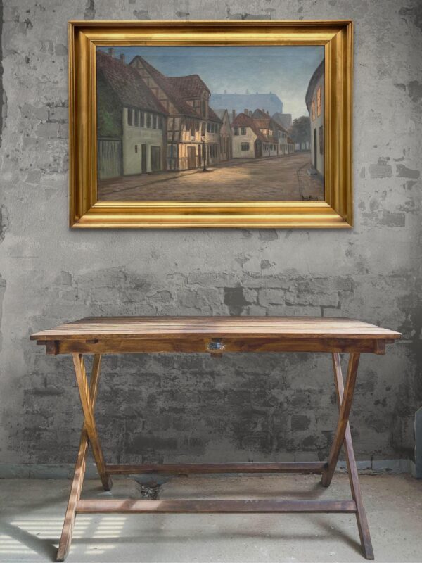 Original Danish Oil Painting, Street Scene at Dusk, Scandinavian Cityscape