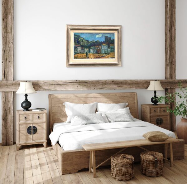 Mediterranean Village Oil Painting, Large Vintage Scandinavian Wall Art