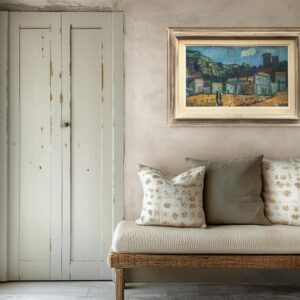 Mediterranean Village Oil Painting, Large Vintage Scandinavian Wall Art - Image 3