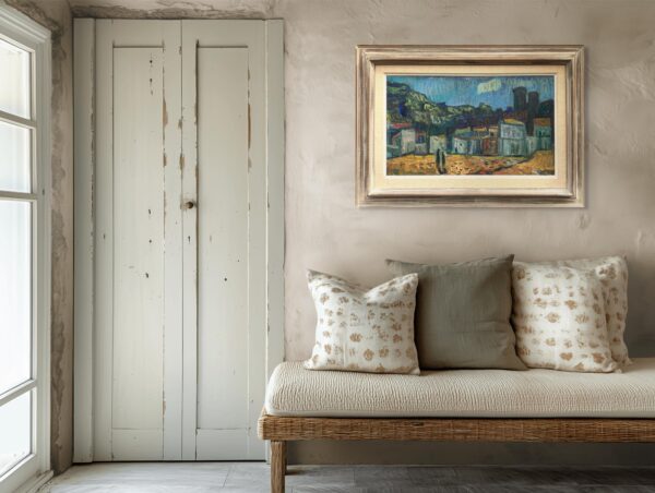 Mediterranean Village Oil Painting, Large Vintage Scandinavian Wall Art
