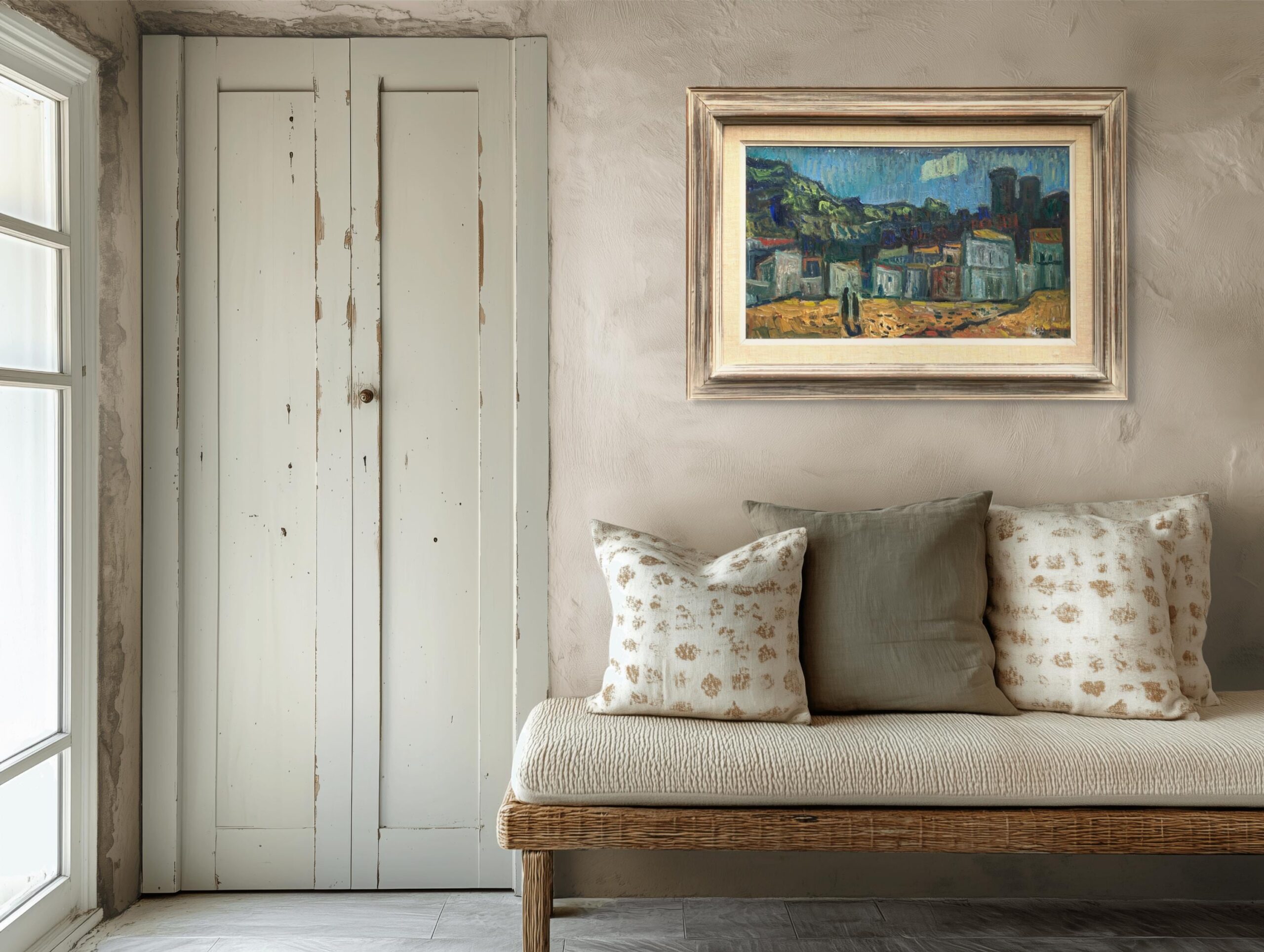 Mediterranean Village Oil Painting, Large Vintage Scandinavian Wall Art - Image 3