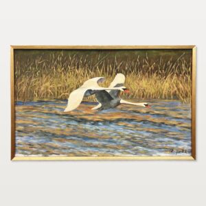 Original Swedish Oil Painting – Flying Swans Over Water – 1947 - Image 1