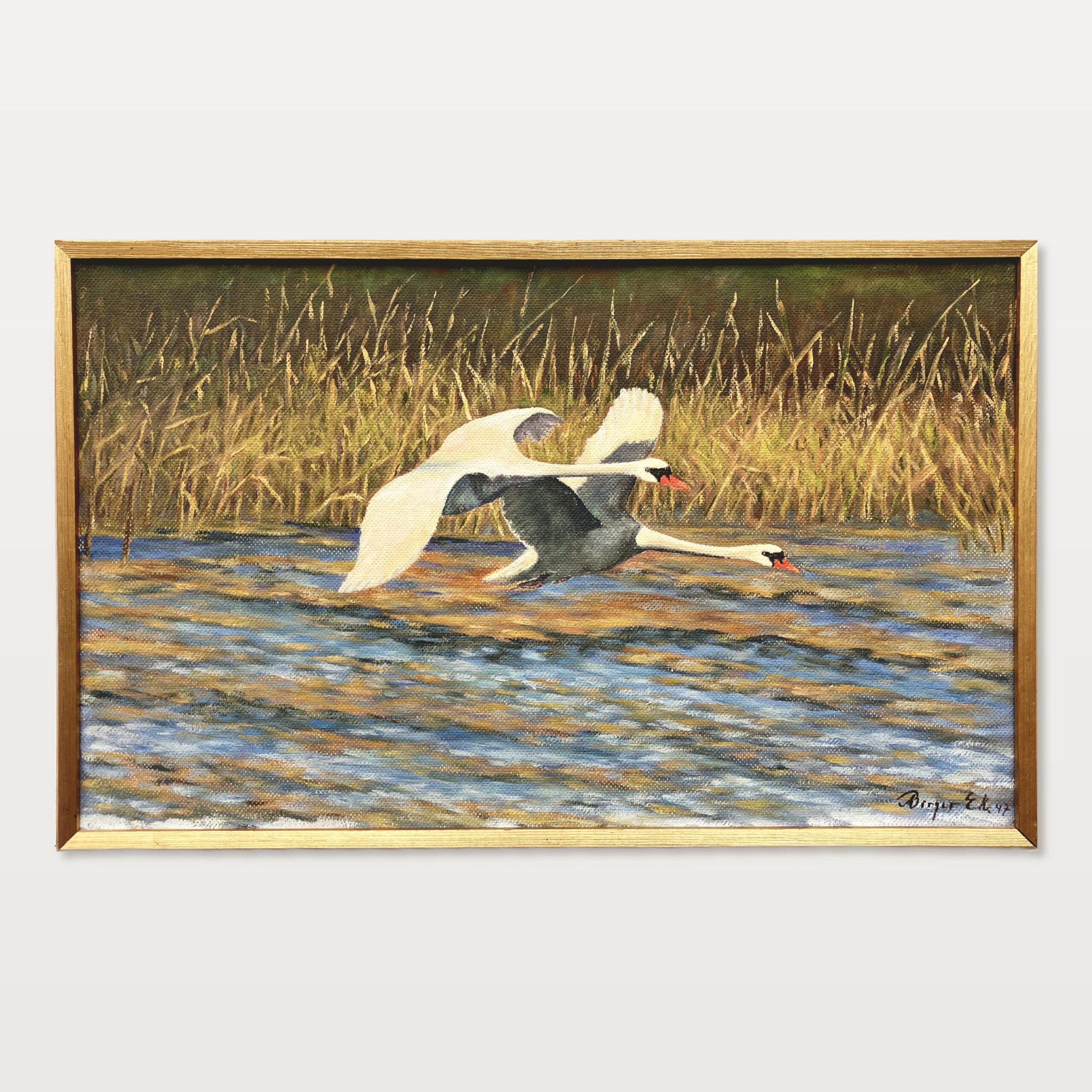 Original Swedish Oil Painting – Flying Swans Over Water – 1947 - Image 1
