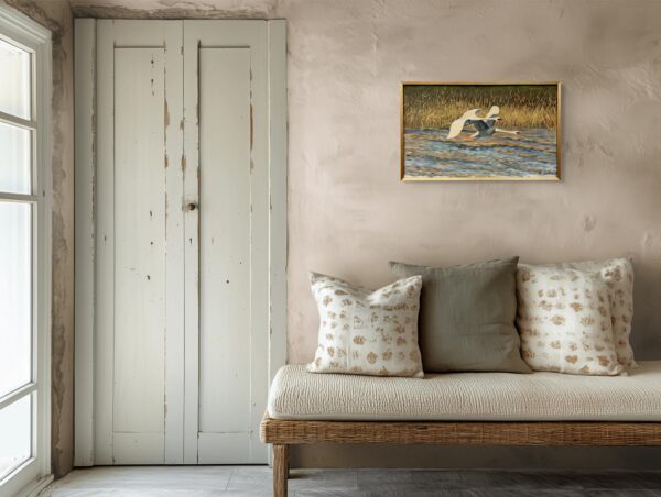 Original Swedish Oil Painting – Flying Swans Over Water – 1947