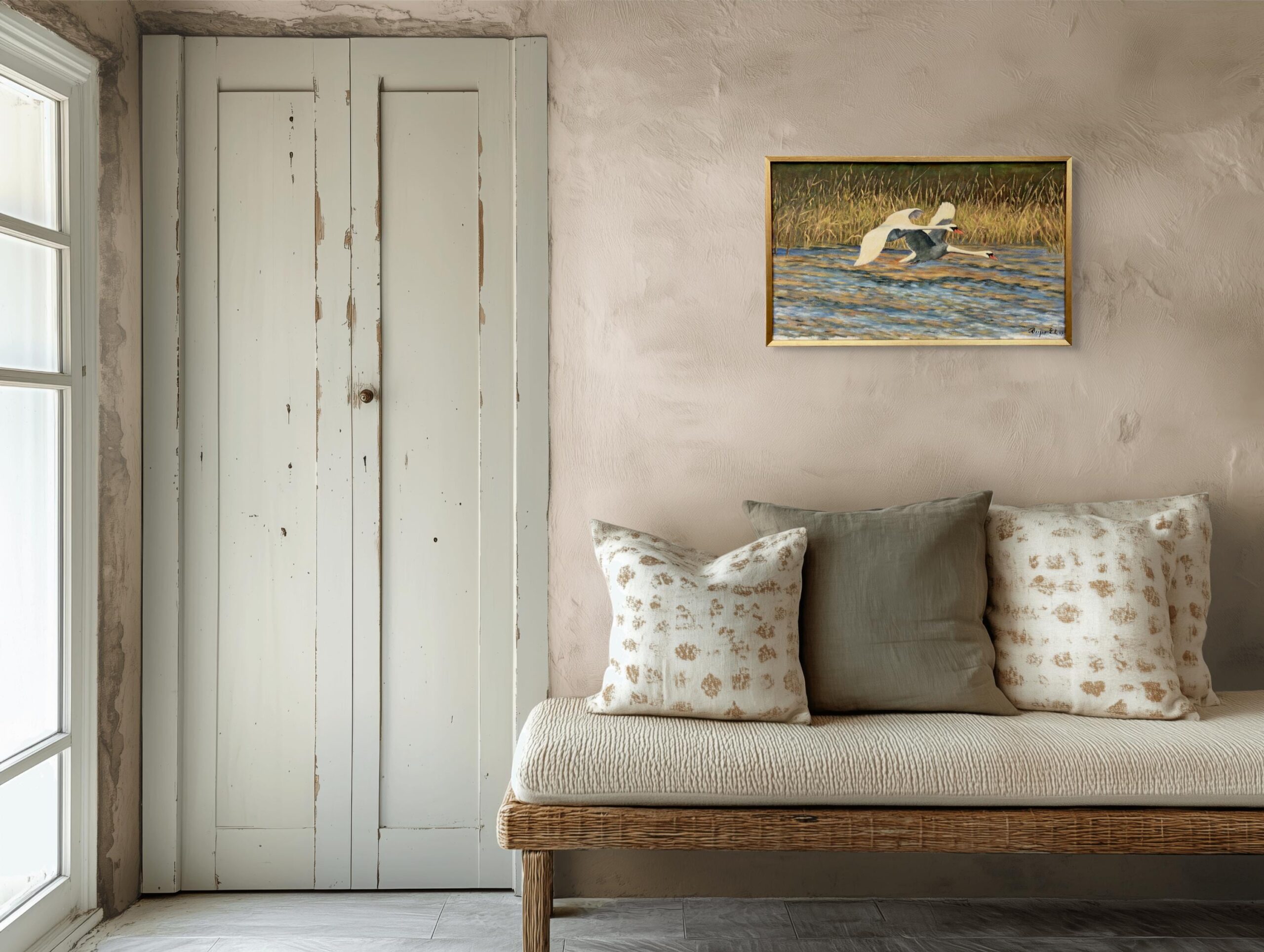 Original Swedish Oil Painting – Flying Swans Over Water – 1947 - Image 3