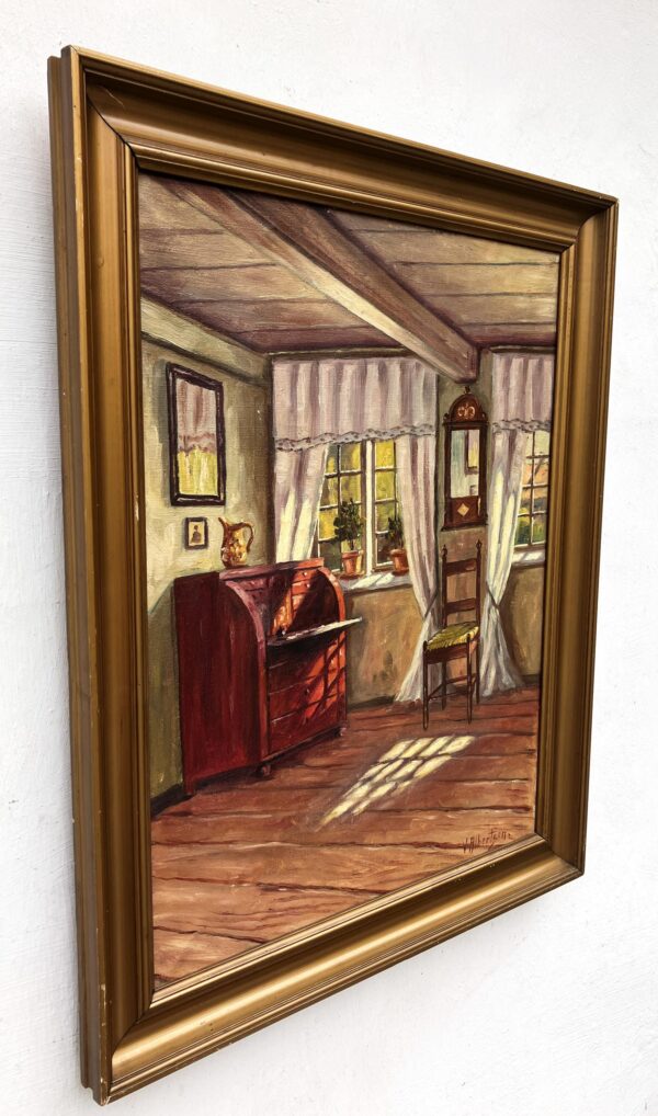 Original Danish oil painting, farmhouse interior, Mid Century, Scandinavian wall art