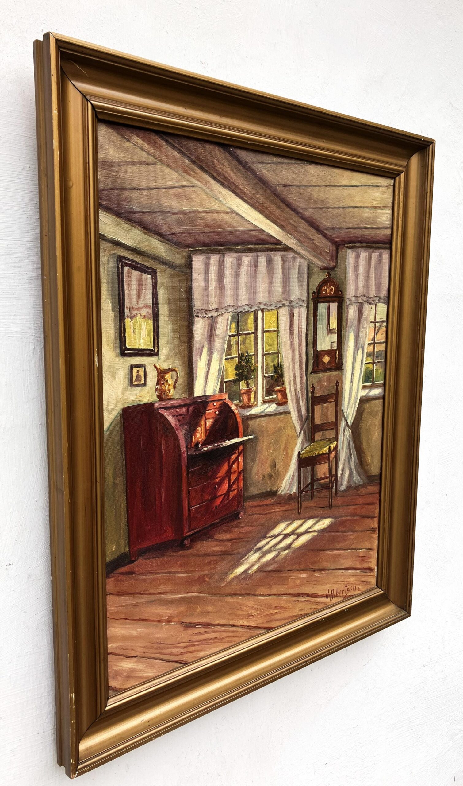 Original Danish oil painting, farmhouse interior, Mid Century, Scandinavian wall art - Image 4