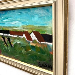 Original Swedish oil painting, Medium village landscape farmhouses, Mid Century modernist, Scandinavian decor - Image 5
