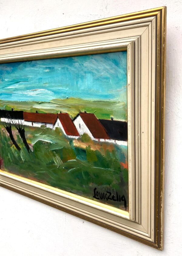 Original Swedish oil painting, Medium village landscape farmhouses, Mid Century modernist, Scandinavian decor