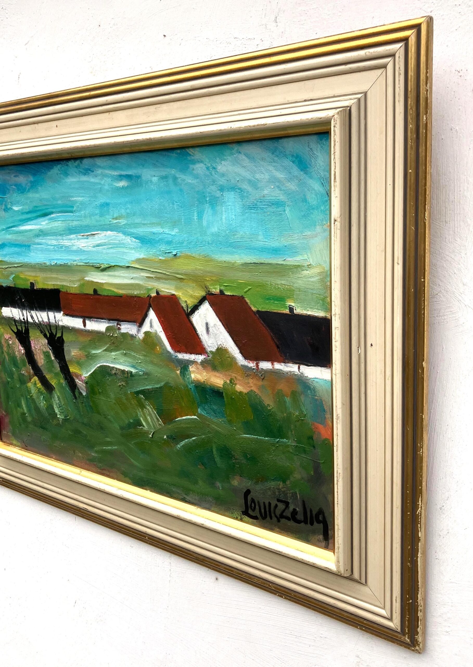 Original Swedish oil painting, Medium village landscape farmhouses, Mid Century modernist, Scandinavian decor - Image 5