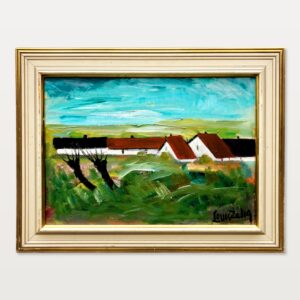 Original Swedish oil painting, Medium village landscape farmhouses, Mid Century modernist, Scandinavian decor - Image 1