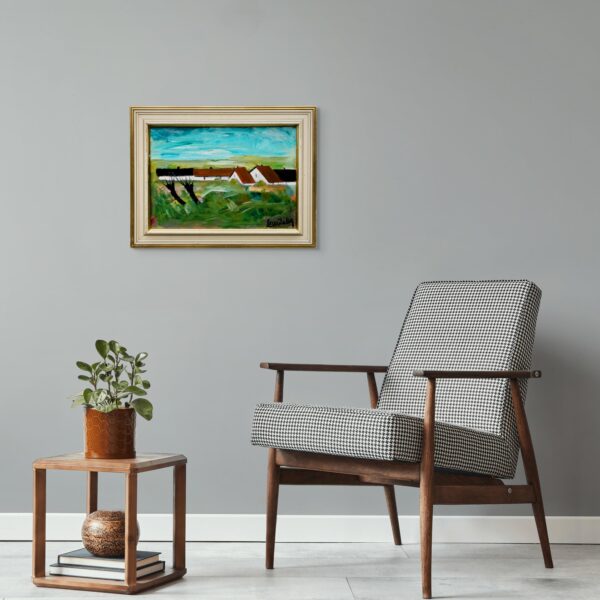 Original Swedish oil painting, Medium village landscape farmhouses, Mid Century modernist, Scandinavian decor