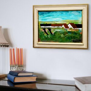 Original Swedish oil painting, Medium village landscape farmhouses, Mid Century modernist, Scandinavian decor - Image 2