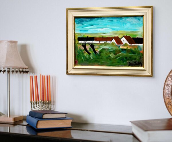 Original Swedish oil painting, Medium village landscape farmhouses, Mid Century modernist, Scandinavian decor
