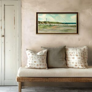 Original Danish oil painting, Large panoramic lighthouse coastal Hirtshals, Mid Century modernist, Scandinavian decor - Image 3