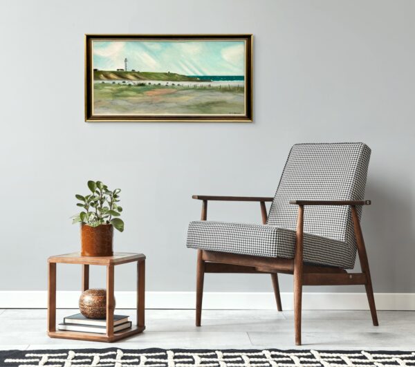 Original Danish oil painting, Large panoramic lighthouse coastal Hirtshals, Mid Century modernist, Scandinavian decor