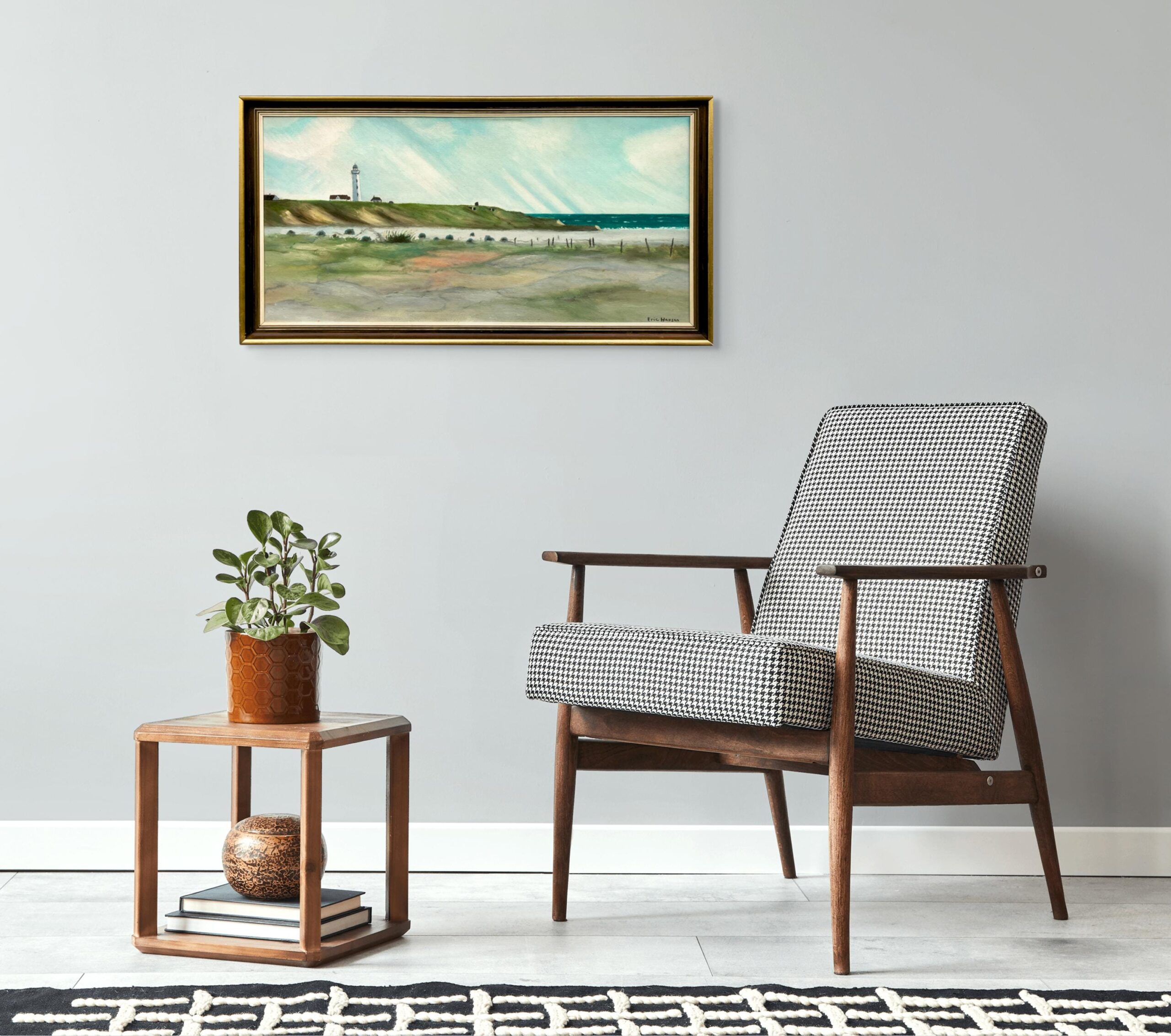 Original Danish oil painting, Large panoramic lighthouse coastal Hirtshals, Mid Century modernist, Scandinavian decor - Image 2