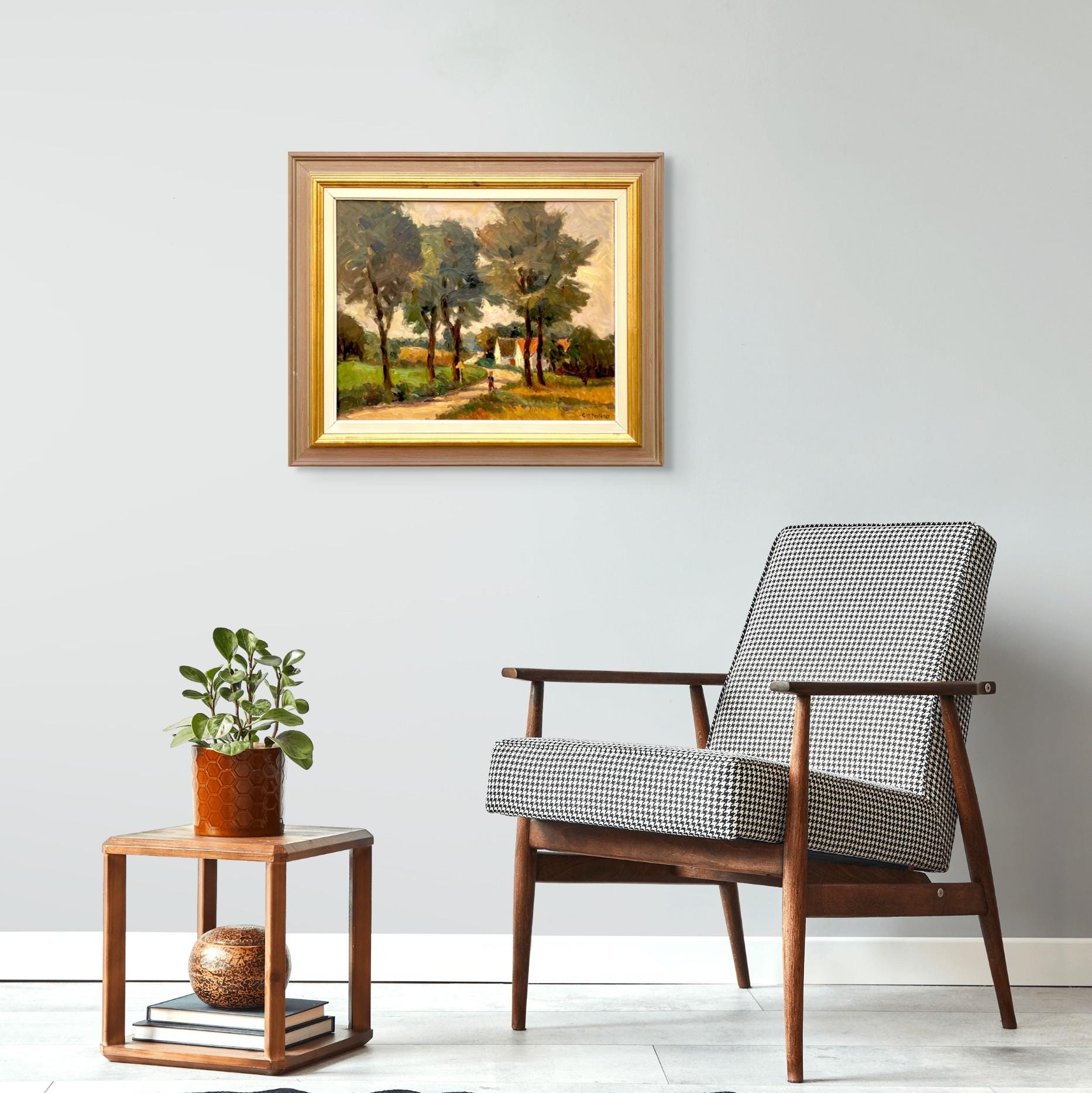 Original Swedish oil painting, Rural landscape road trees house, Mid Century impressionist, Scandinavian decor - Image 3