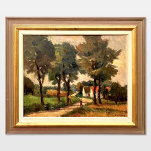 Original Swedish oil painting, Rural landscape road trees house, Mid Century impressionist, Scandinavian decor