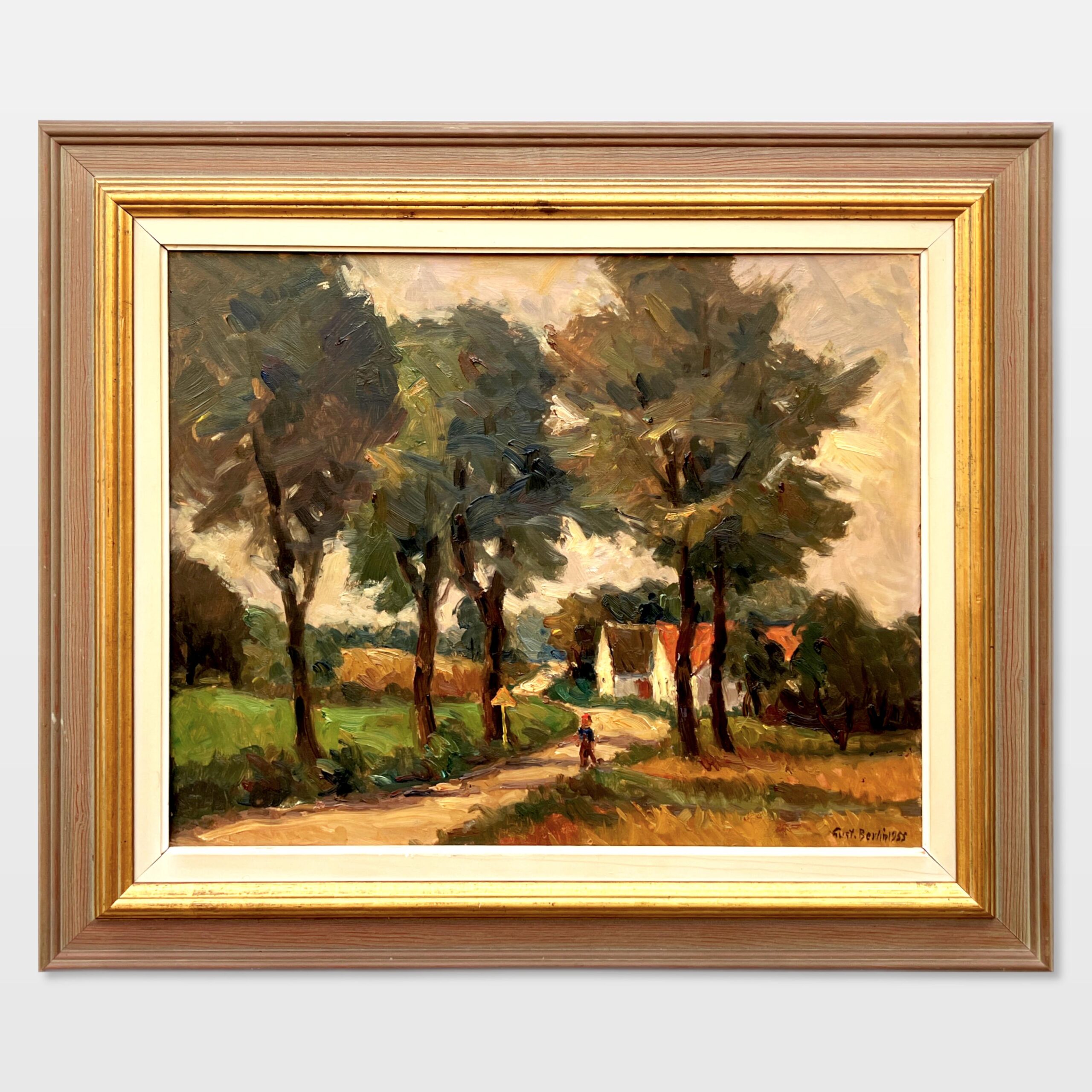 Original Swedish oil painting, Rural landscape road trees house, Mid Century impressionist, Scandinavian decor