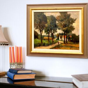 Original Swedish oil painting, Rural landscape road trees house, Mid Century impressionist, Scandinavian decor - Image 2