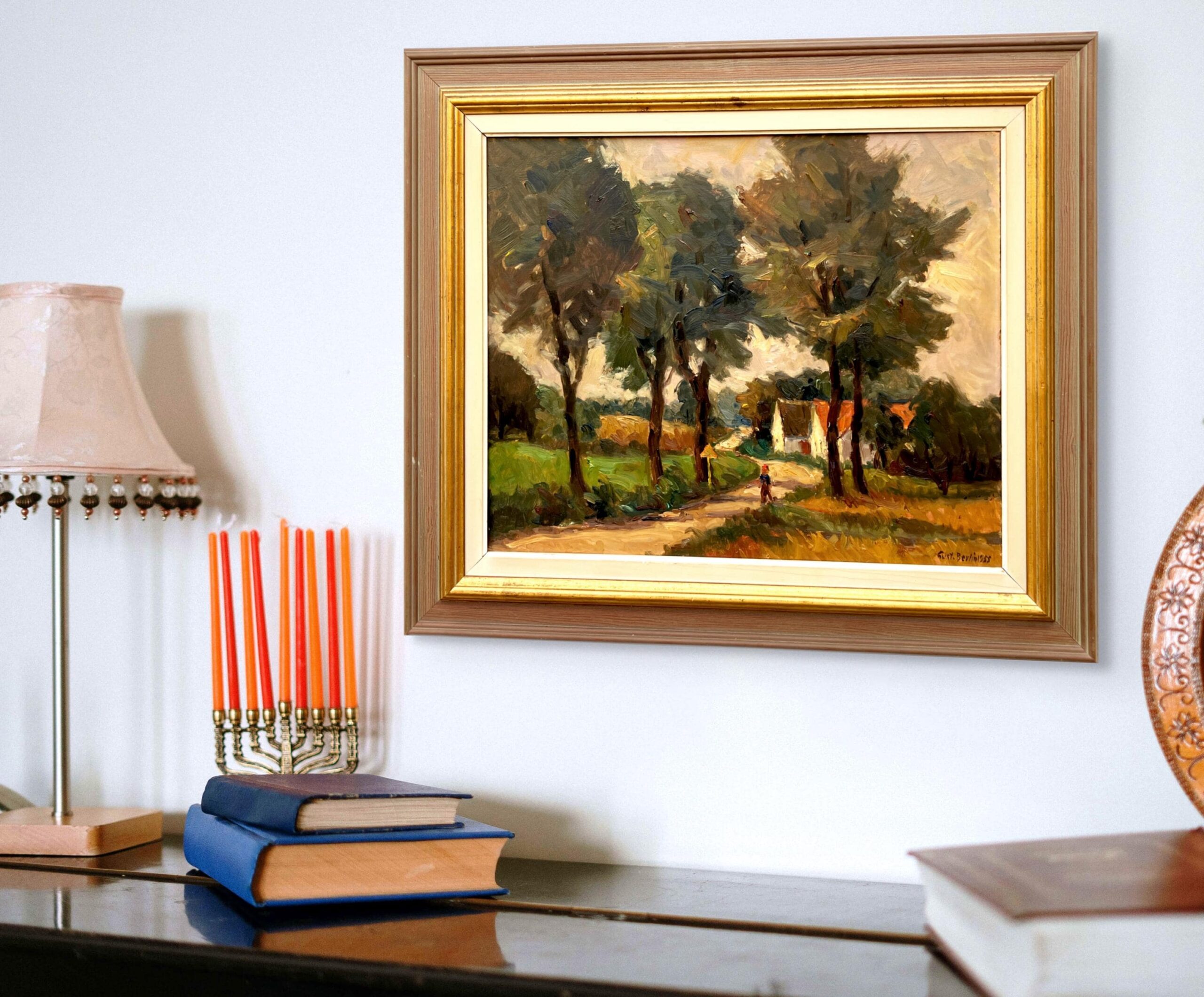 Original Swedish oil painting, Rural landscape road trees house, Mid Century impressionist, Scandinavian decor - Image 2