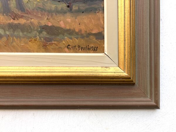 Original Swedish oil painting, Rural landscape road trees house, Mid Century impressionist, Scandinavian decor