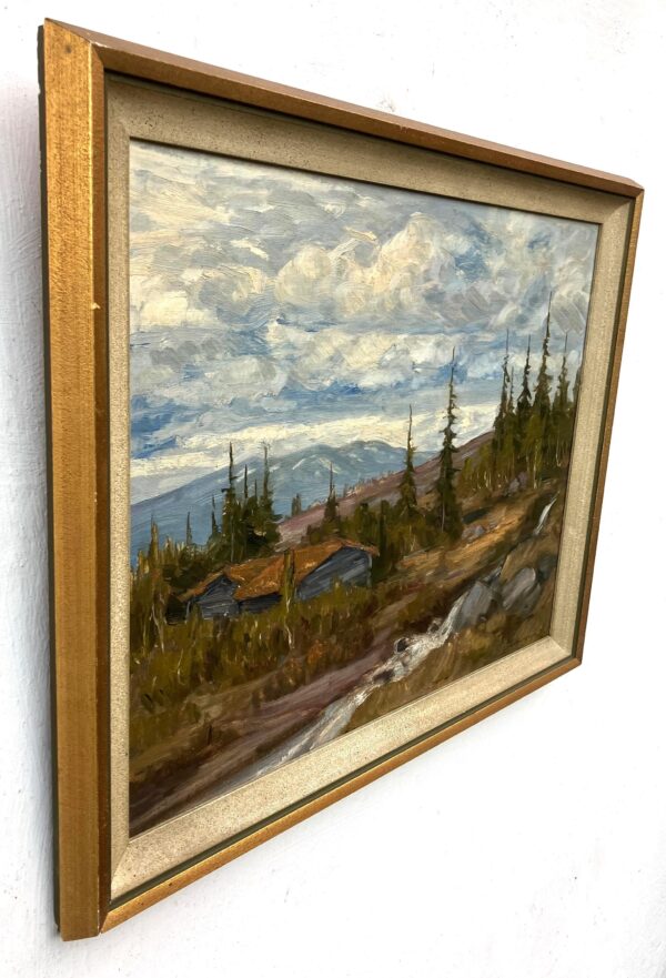 Vintage Swedish landscape painting with cottage, oil on board, 1930s