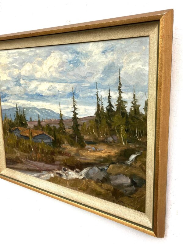 Vintage Swedish landscape painting with cottage, oil on board, 1930s
