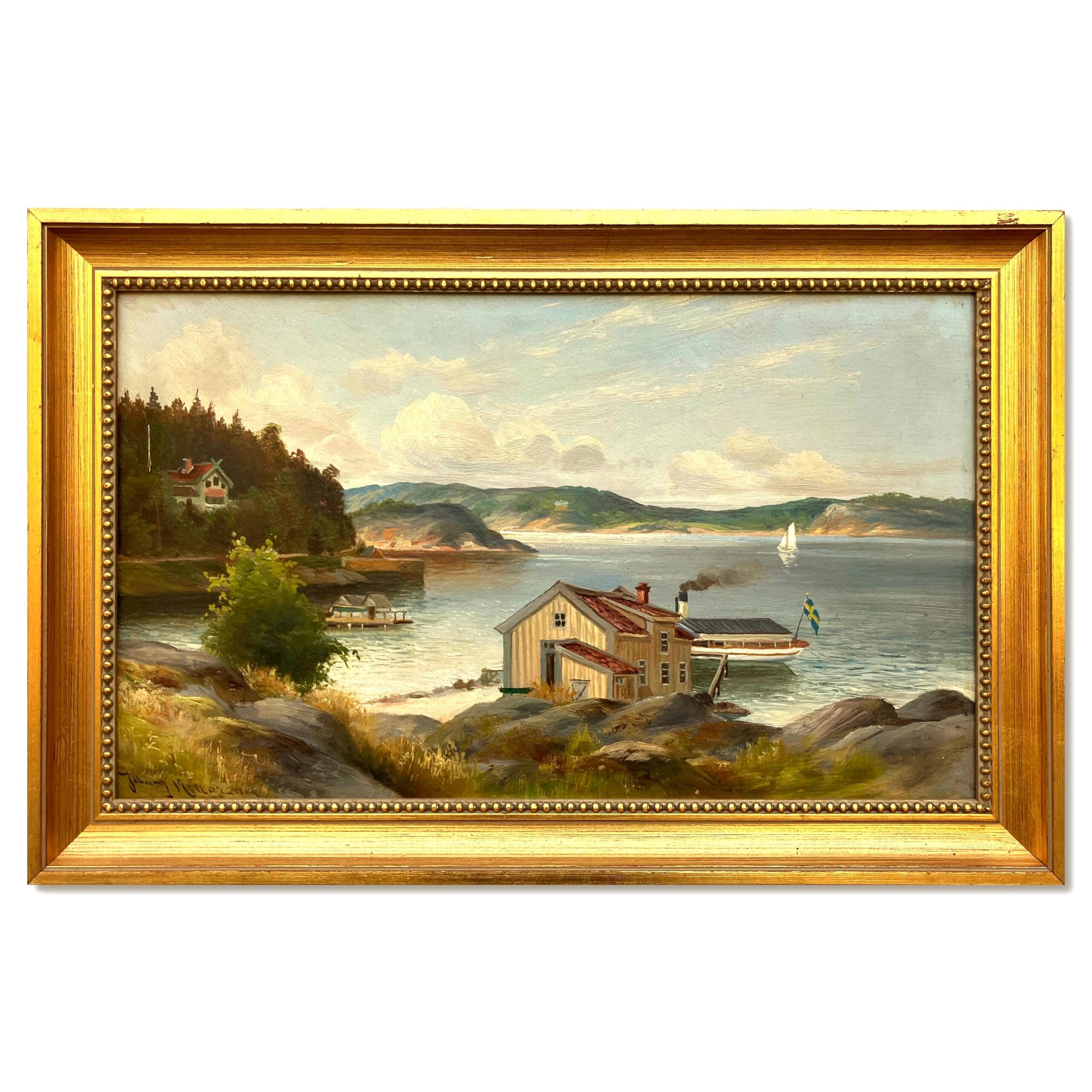 Swedish Vintage  Oil Painting, Coastal Lake Landscape, Scandinavian Framed Art Decor - Image 1