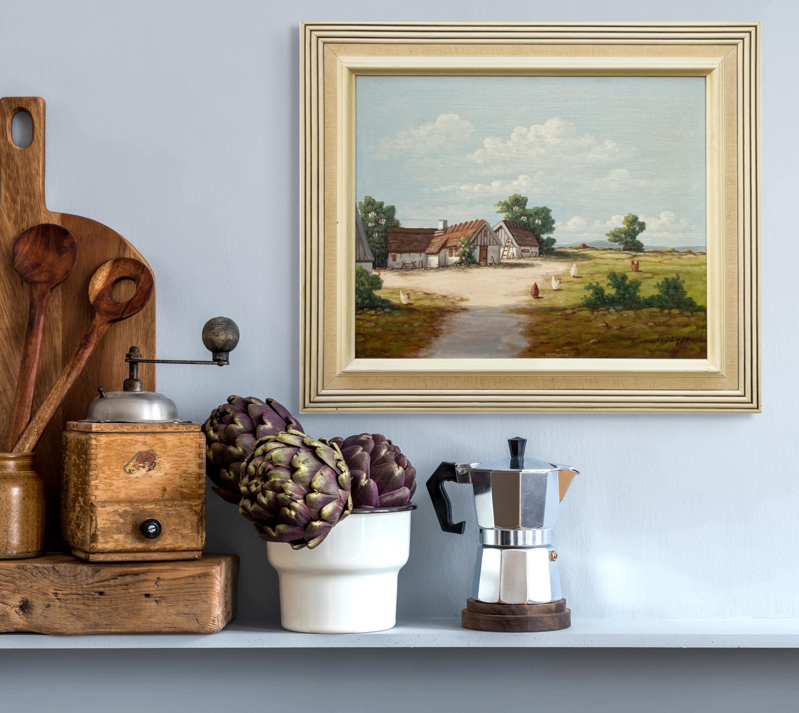 Original Swedish Oil Painting - Rustic Chicken Farm Scene - Scandinavian Mid Century Decor - Image 2