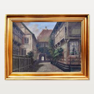 Original Danish Street Scene Oil Painting – Vintage Old Town Scandinavian Cityscape