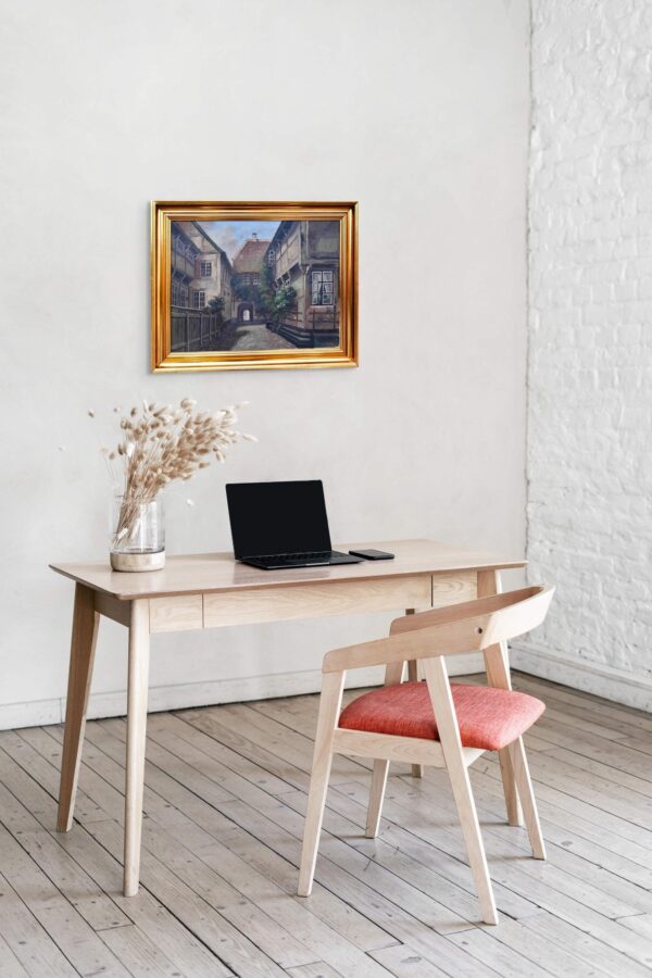 Original Danish Street Scene Oil Painting – Vintage Old Town Scandinavian Cityscape