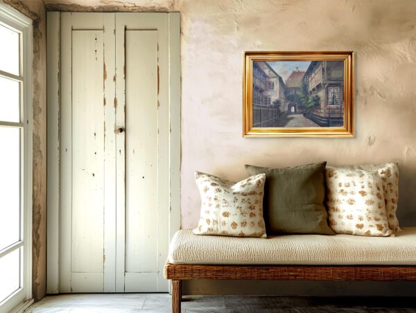 Original Danish Street Scene Oil Painting – Vintage Old Town Scandinavian Cityscape