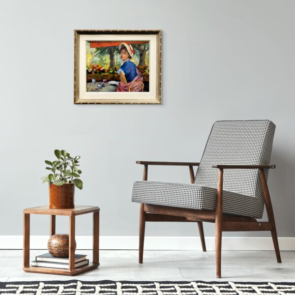 Original oil painting, elegant woman cafe scene, mid century style, Paris decor art