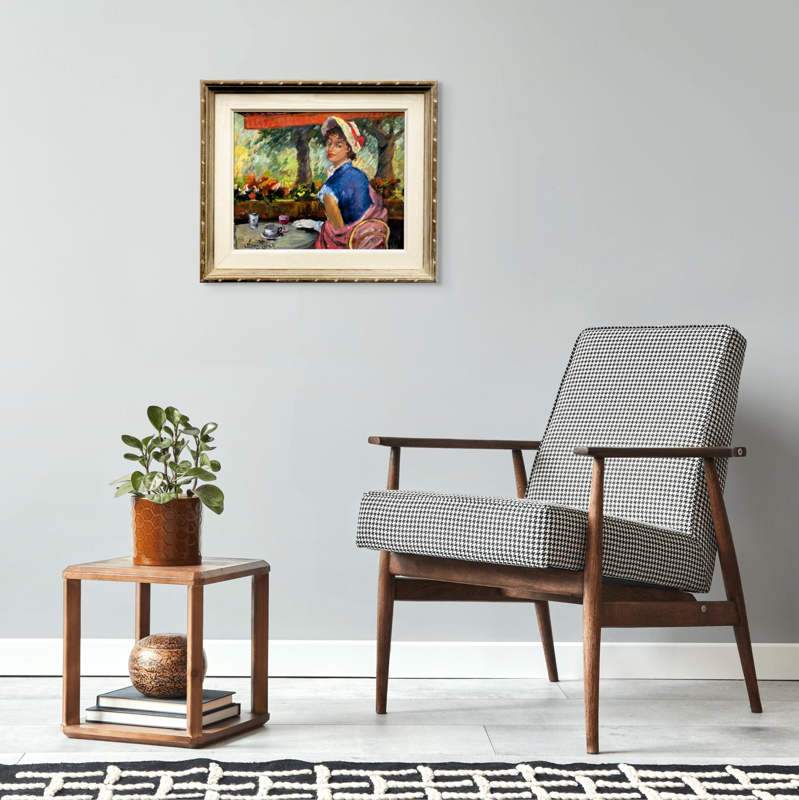 Original oil painting, elegant woman cafe scene, mid century style, Paris decor art - Image 3