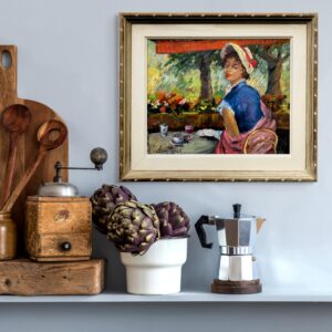 Original oil painting, elegant woman cafe scene, mid century style, Paris decor art - Image 2