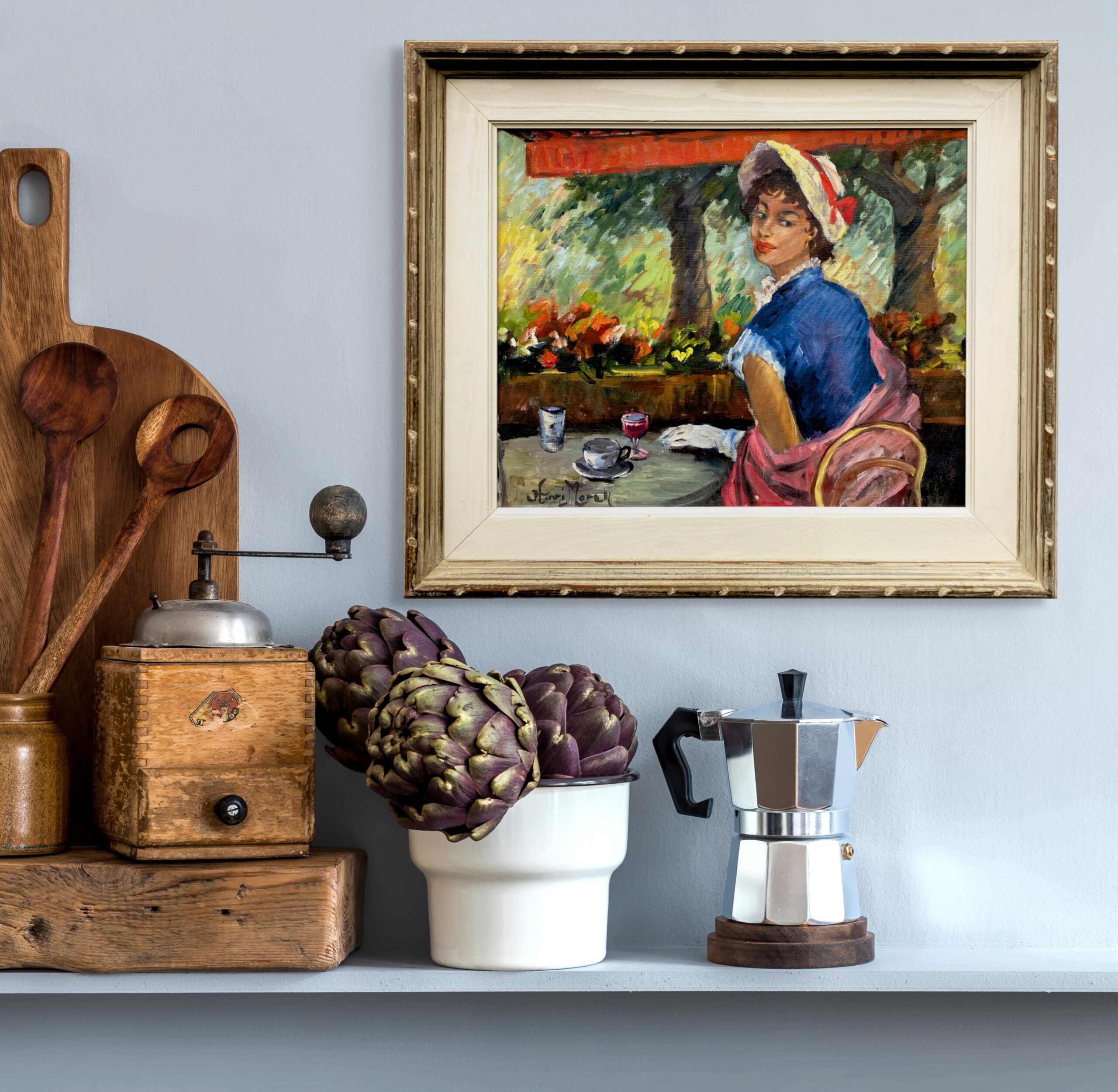 Original oil painting, elegant woman cafe scene, mid century style, Paris decor art - Image 2