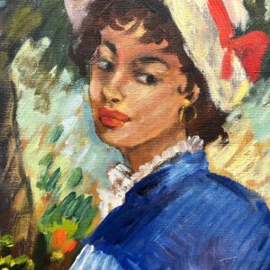Original oil painting, elegant woman cafe scene, mid century style, Paris decor art - Image 7
