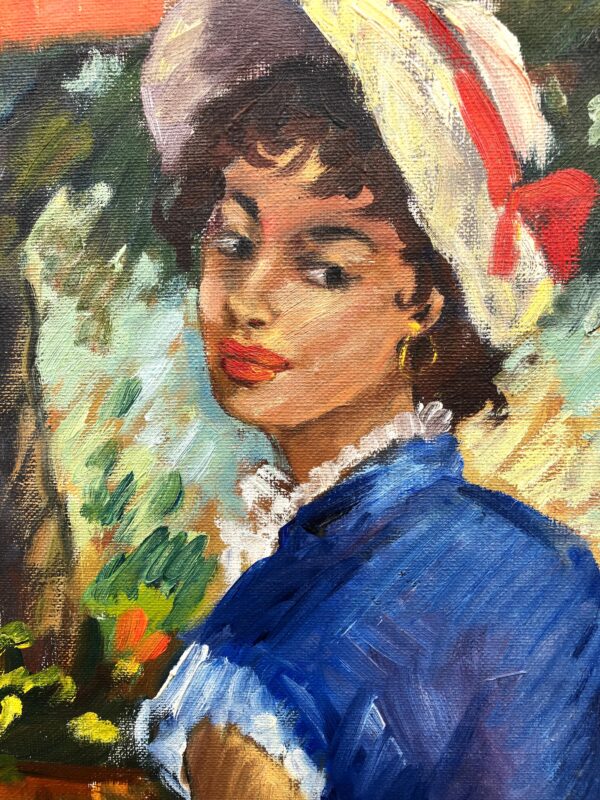 Original oil painting, elegant woman cafe scene, mid century style, Paris decor art