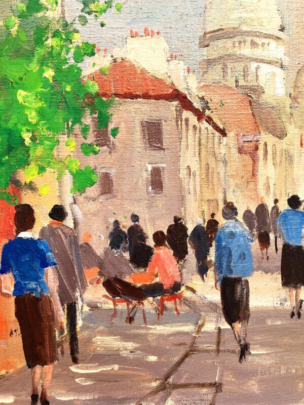 Original Danish oil painting, Paris street scene figures, mid century, Hans Bendix